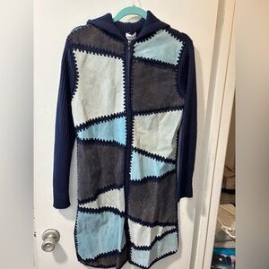 Airport Vintage Blue Patchwork Suede Hooded Women's Jacket Sweater Size L